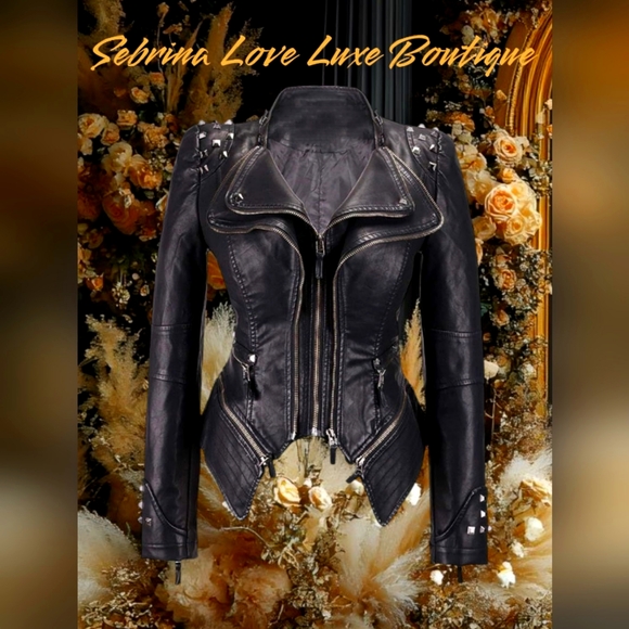 Sebrina Love Luxe Boutique Jackets & Blazers - Edgy Cool Black Faux Leather Studded Moto Biker Jacket